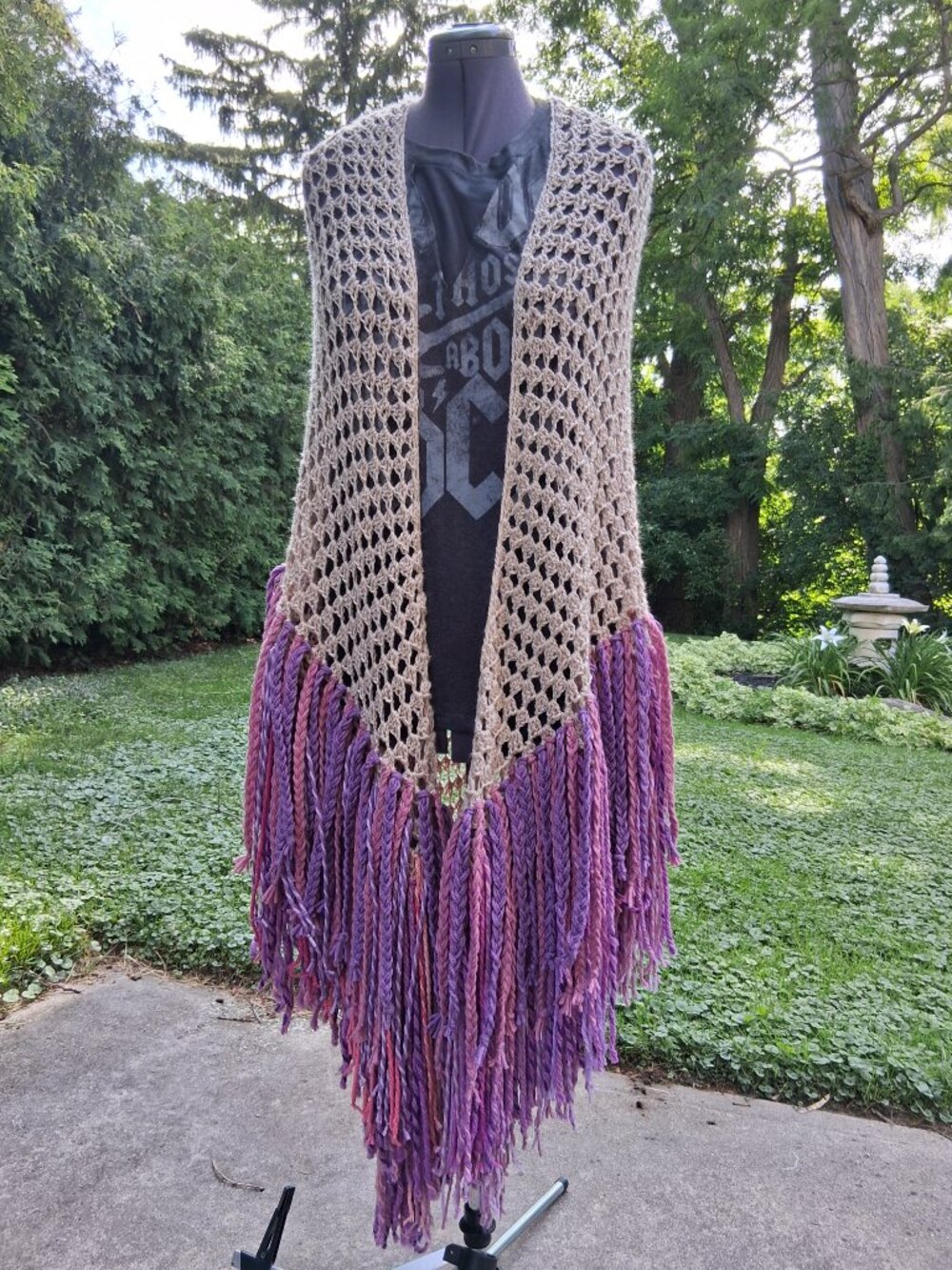 Boho Beige Multi colors Purple pink Bulky Double Braided Fringe Shawl O/S - Picture 8 of 12